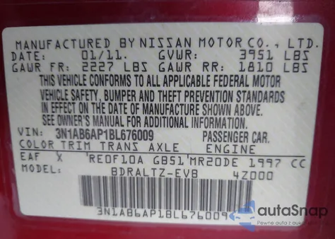 2011 Nissan Sentra 2.0Sr z USA, uszkodzony, nr VIN 3N1AB6AP1BL676009